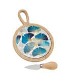 Set tagliere in ceramica con base in legno foglie ginkgo-Fantin Argenti