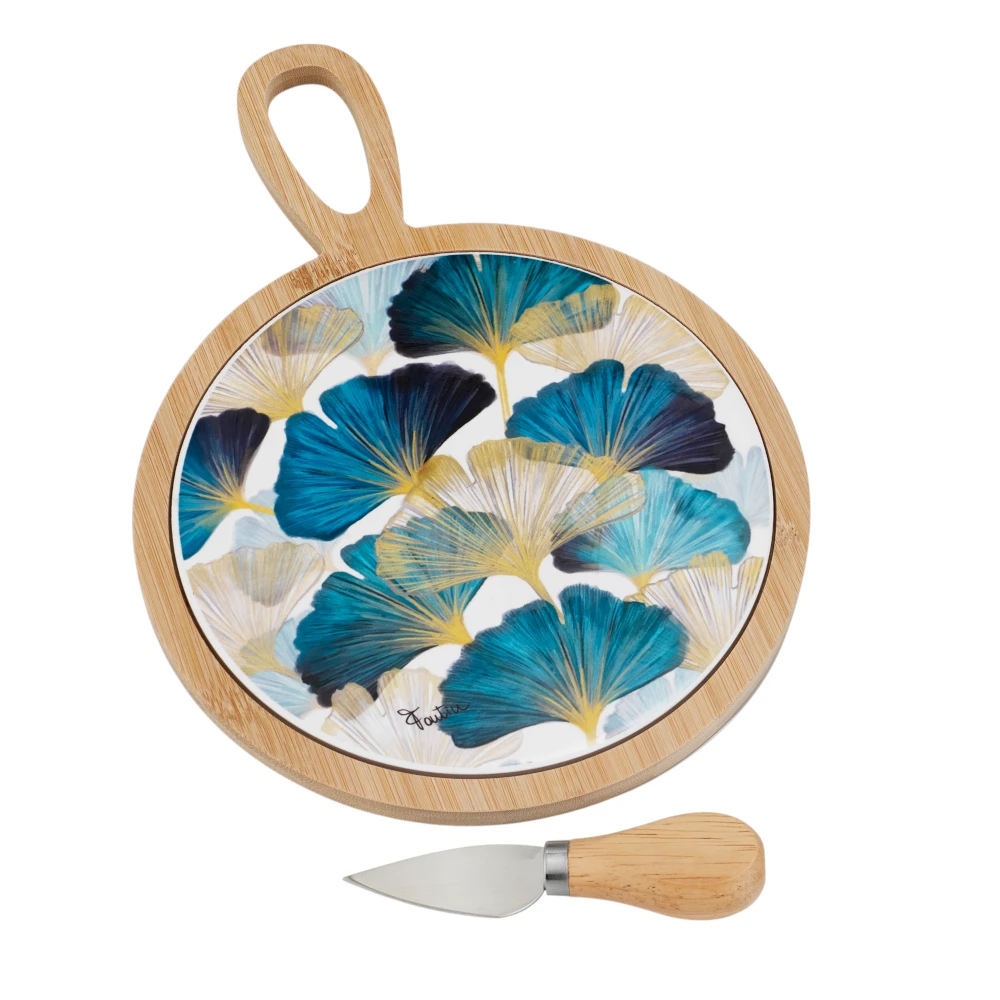 Set tagliere in ceramica con base in legno foglie ginkgo-Fantin Argenti