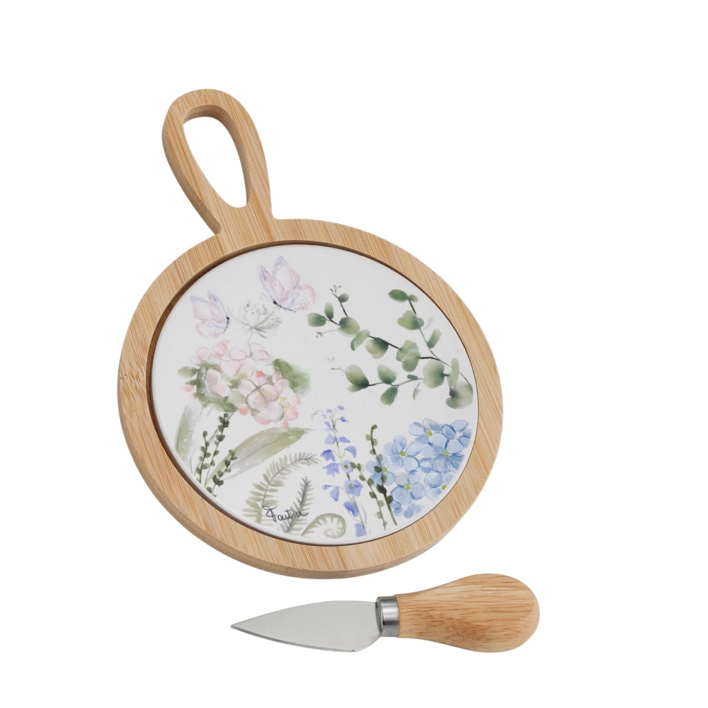 Set tagliere in ceramica con base in legno ortensia