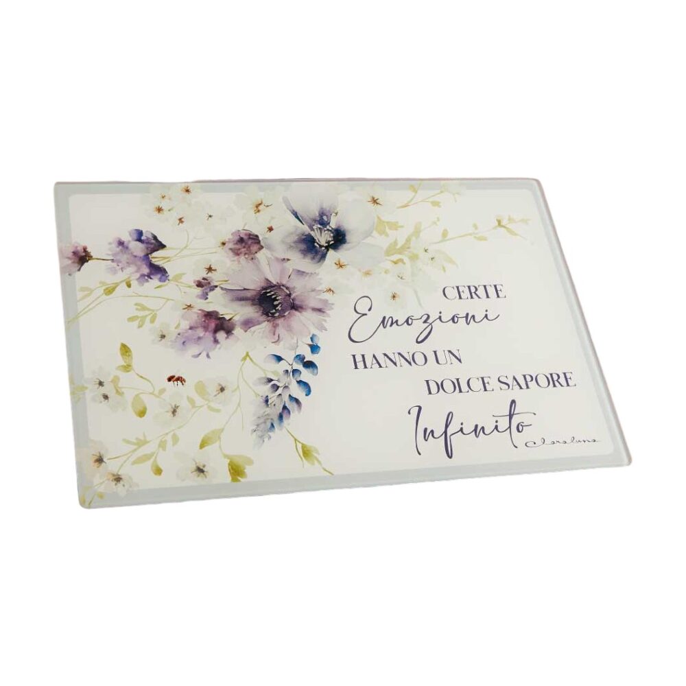 Tagliere in vetro decorazioni lilla - Bomboniere Claraluna