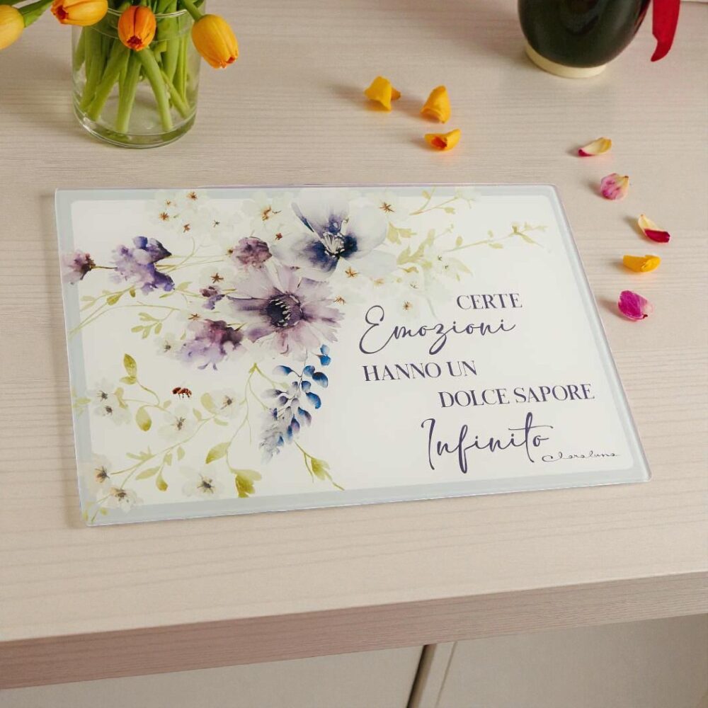 Tagliere in vetro decorazioni lilla - Bomboniere Claraluna