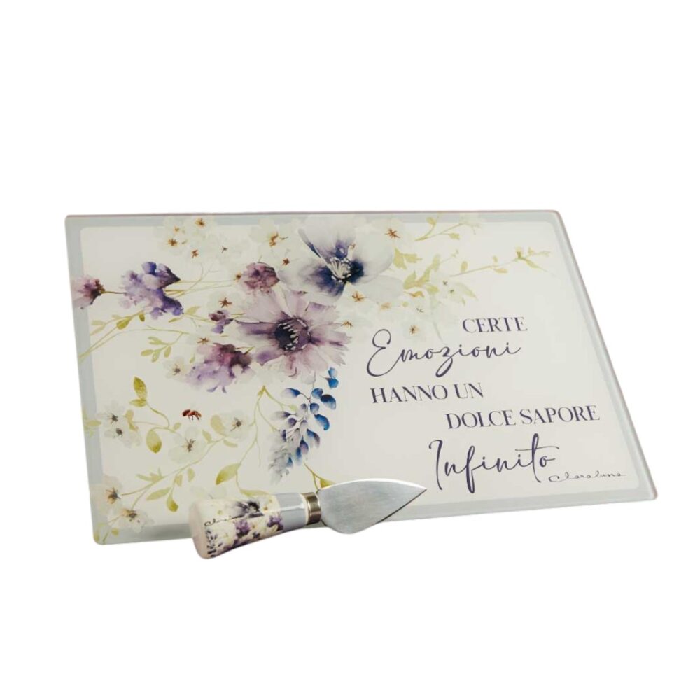 Tagliere in vetro con coltellino decorazioni lilla - Bomboniere Claraluna