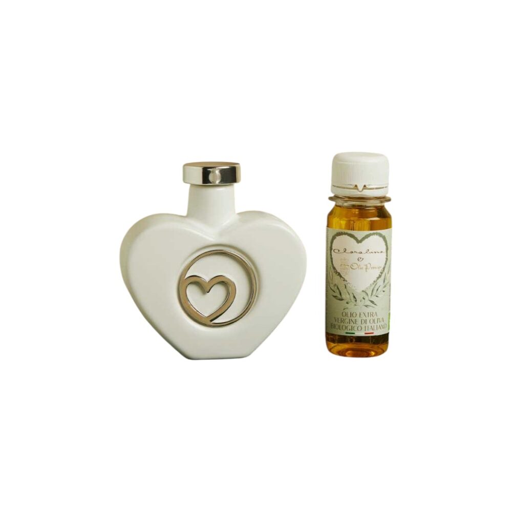 Oliera cuore silver con olio - Bomboniere Claraluna
