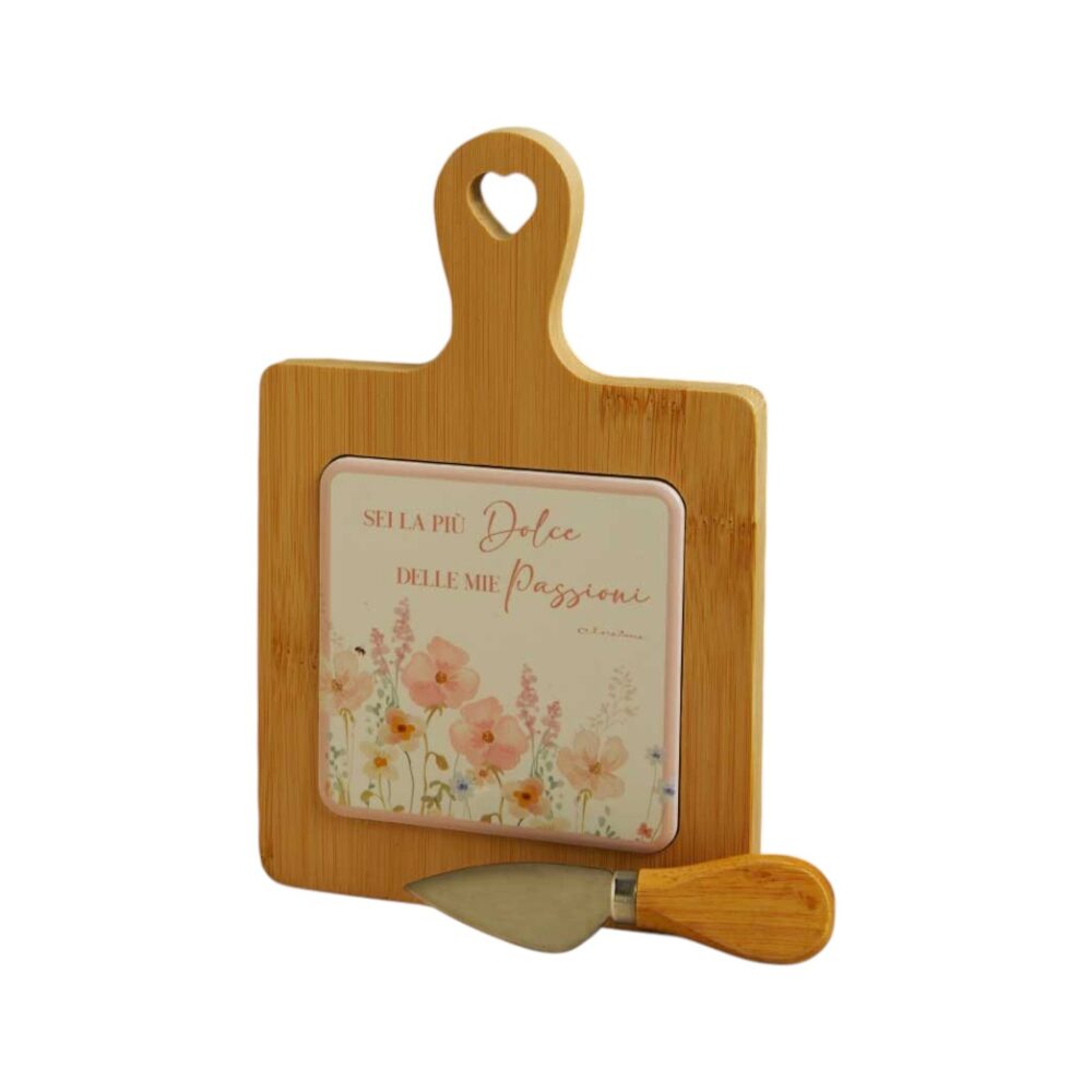 Tagliere ceramica decorata floreale rosa con coltellino - Bomboniere Claraluna