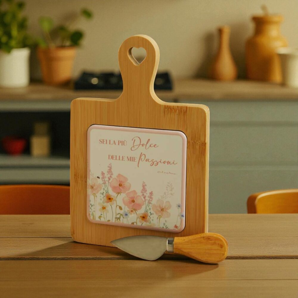 Tagliere ceramica decorata floreale rosa con coltellino - Bomboniere Claraluna