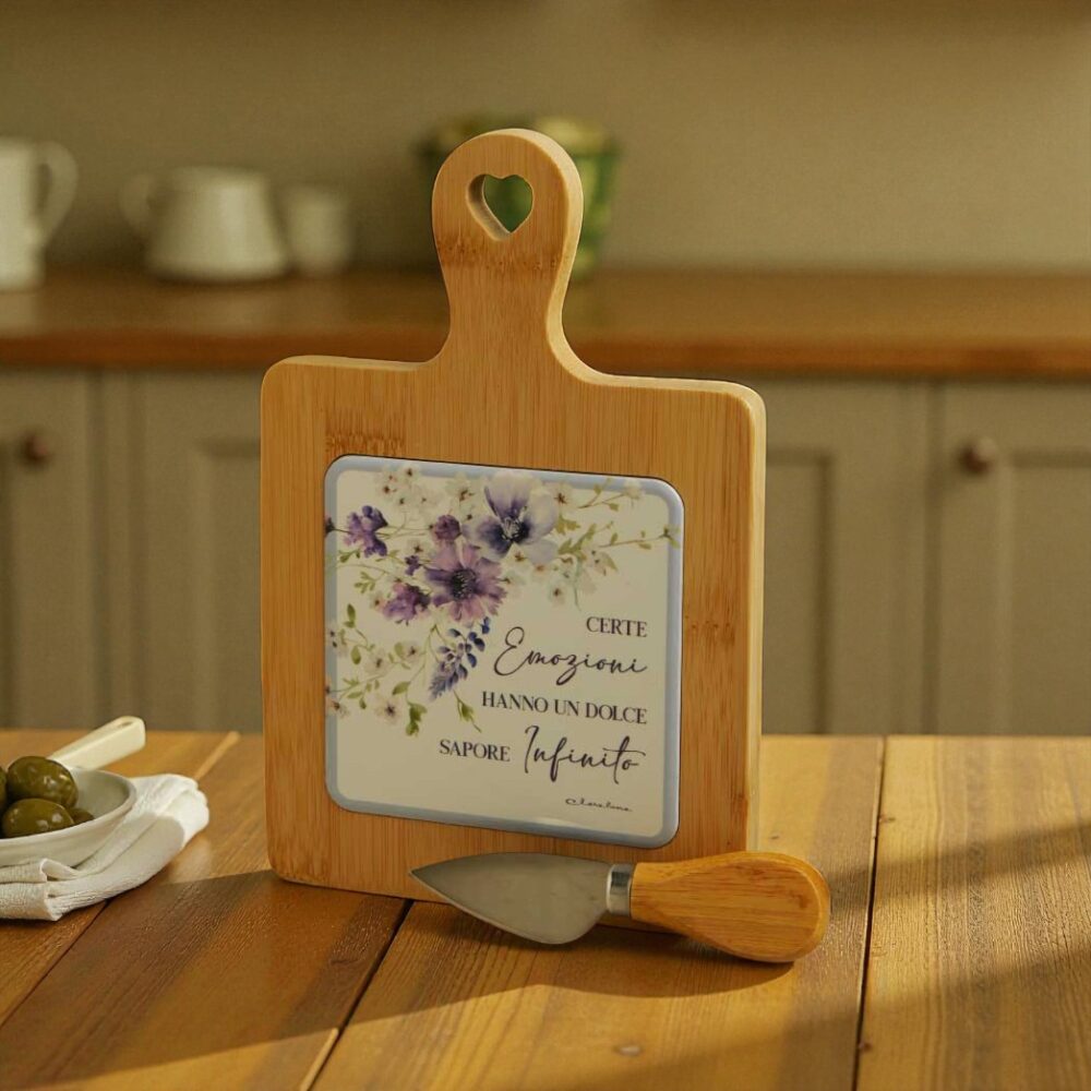 Tagliere ceramica decorata floreale lilla con coltellino - Bomboniere Claraluna