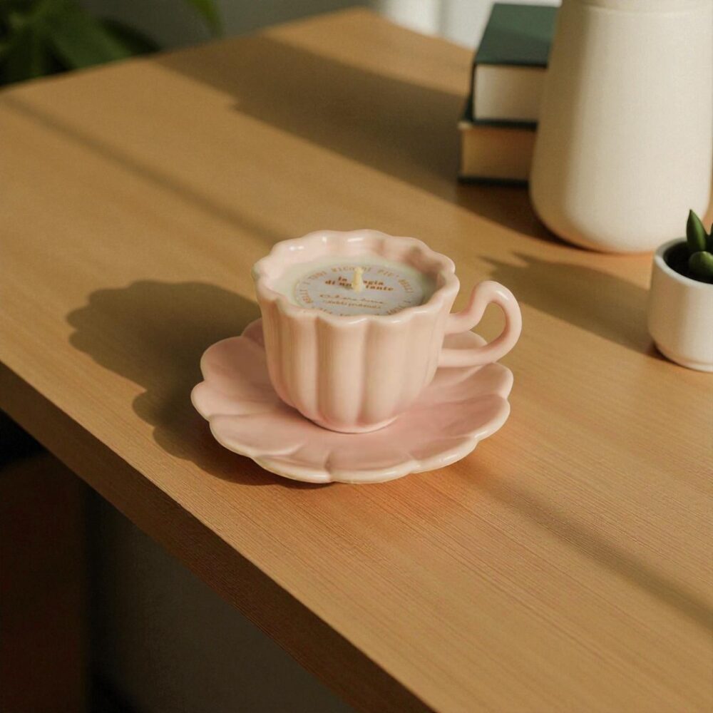 Candela in tazza rosa - Bomboniere Claraluna
