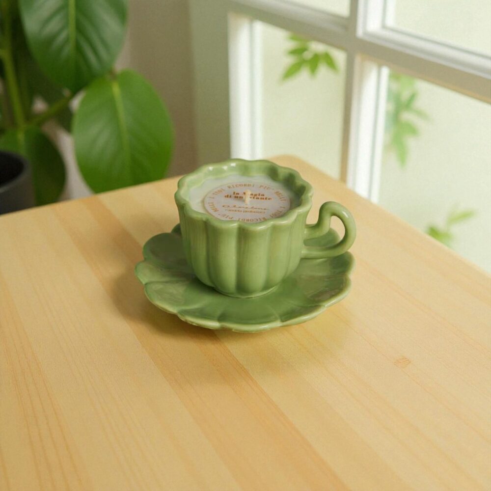 Candela in tazza verde - Bomboniere Claraluna