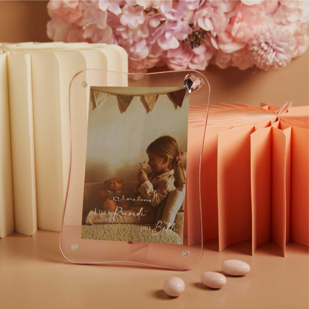 Cornice ondulata rosa con cuore strass - Bomboniere Claraluna