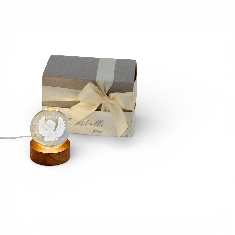 Sfera piccola angelo con base legno led 6cm
