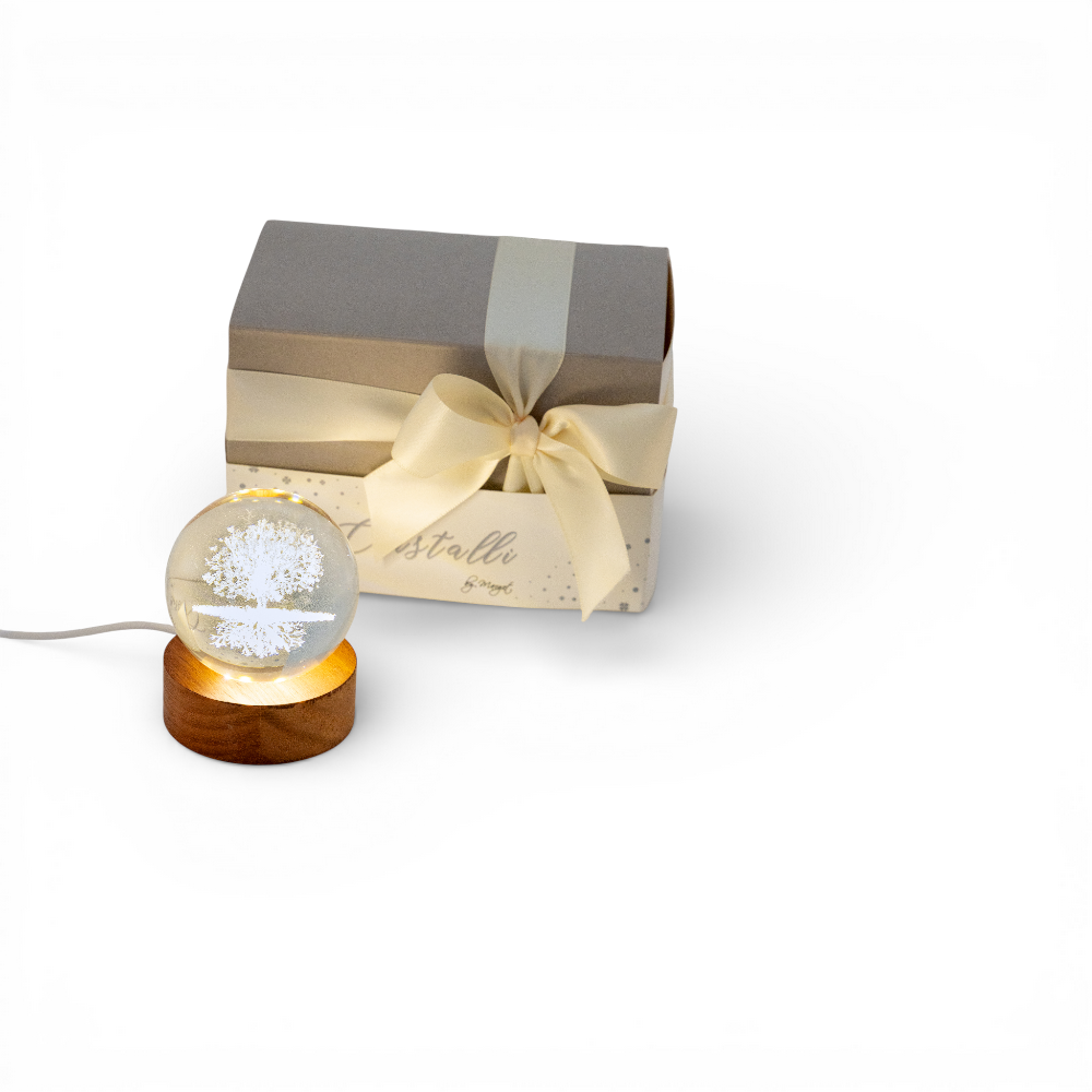 Sfera piccola albero della vita con base legno led 6cm