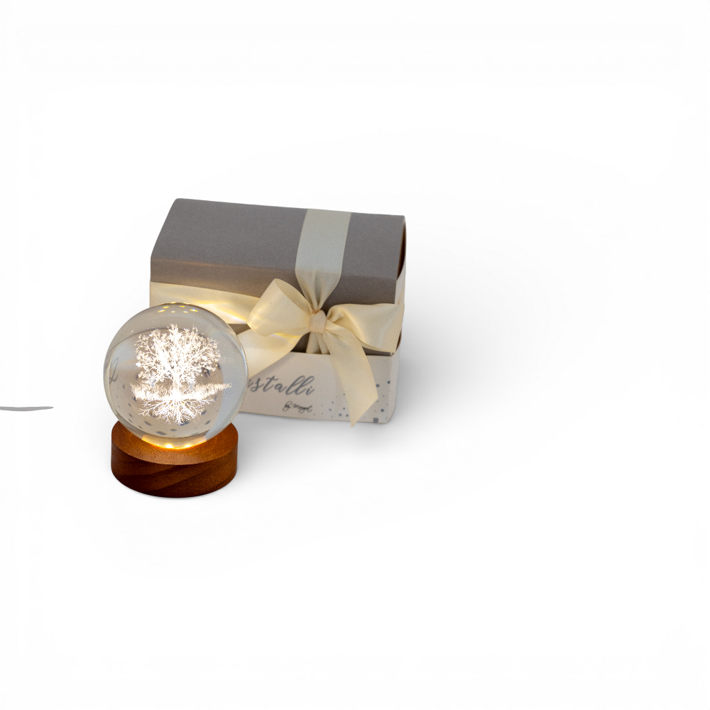 Sfera grande albero della vita con base legno led 8cm