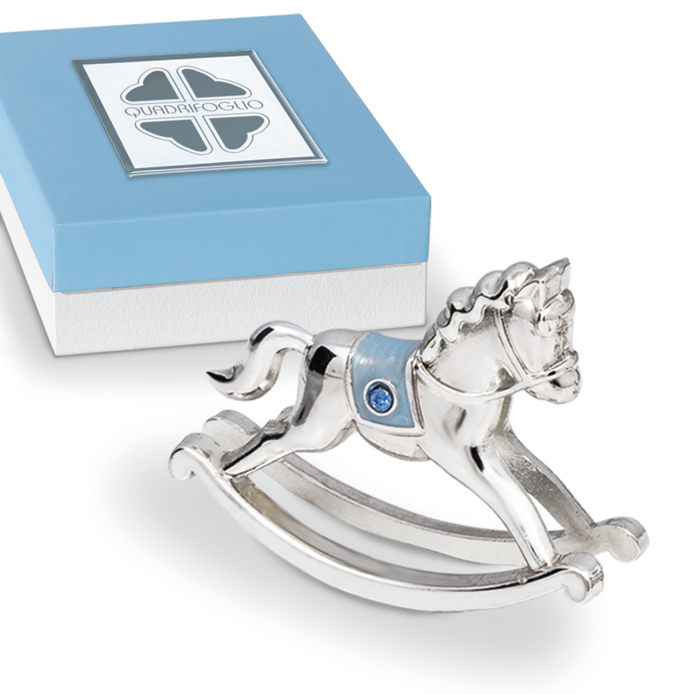 Cavallo a dondolo in argento con inserto celeste - Bomboniere solidali Quadrifoglio