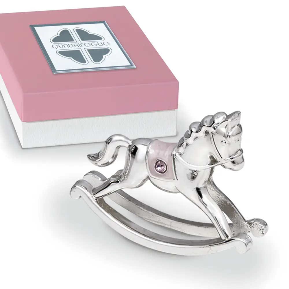 Cavallo a dondolo in argento con inserto rosa - Bomboniere solidali Quadrifoglio
