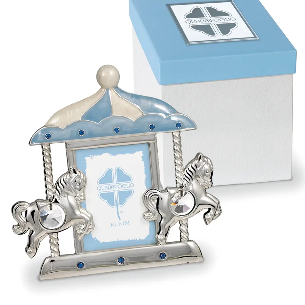 Portafoto con cavallini in argento e inserti celesti - Bomboniere solidali Quadrifoglio
