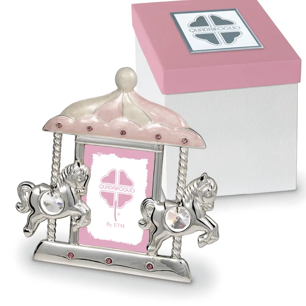 Portafoto con cavallini in argento e inserti rosa - Bomboniere solidali Quadrifoglio