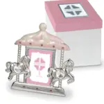 Portafoto con cavallini in argento e inserti rosa - Bomboniere solidali Quadrifoglio