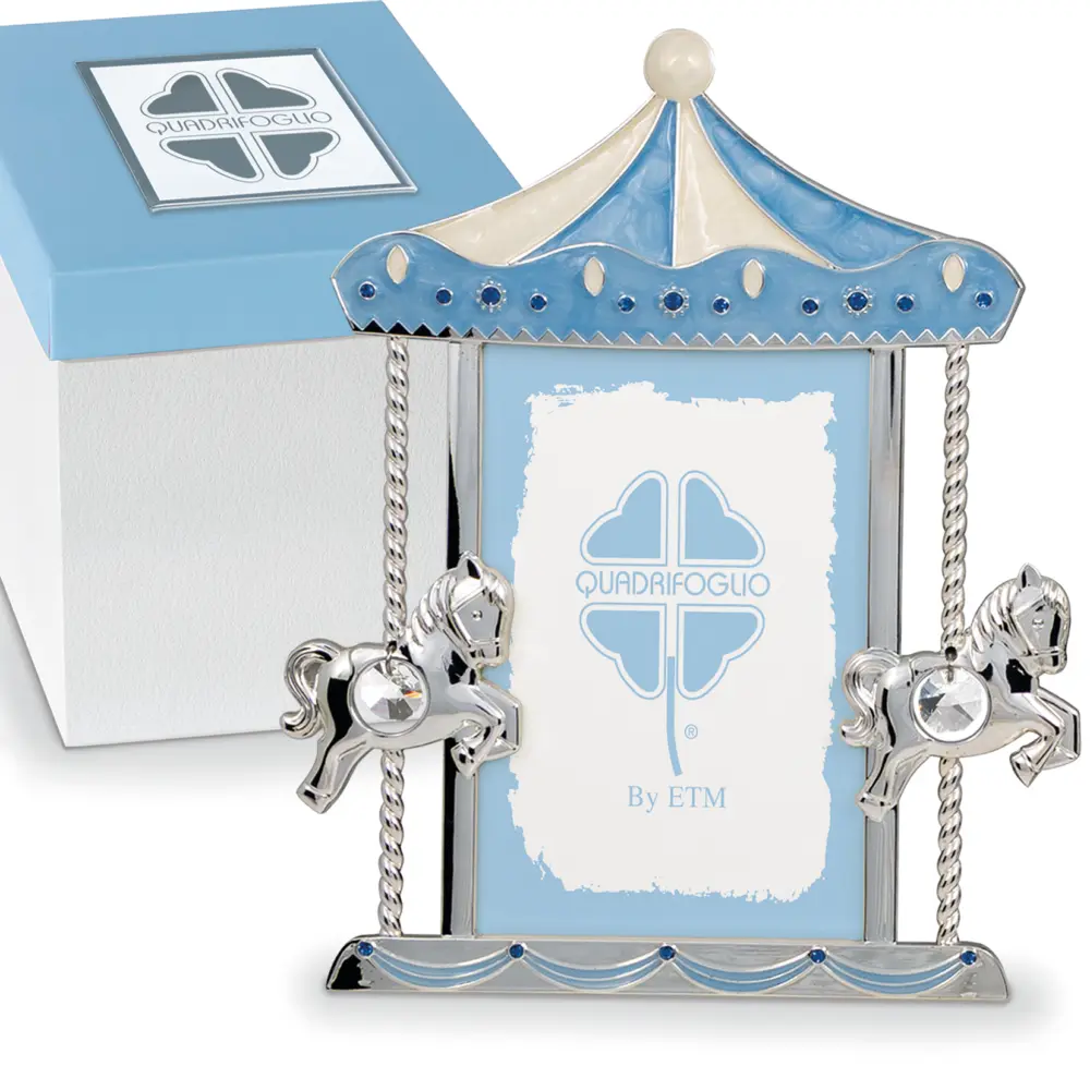 Portafoto con cavallini in argento e inserti celesti - Bomboniere solidali Quadrifoglio