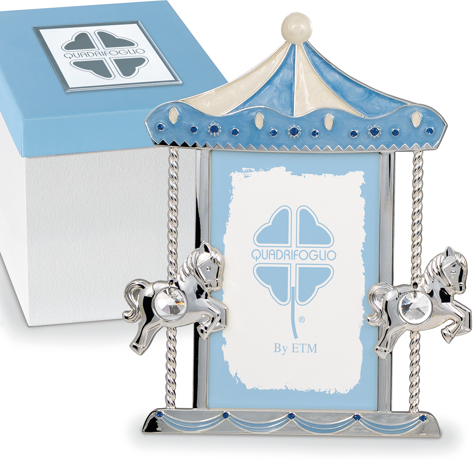 Portafoto con cavallini in argento e inserti celesti - Bomboniere solidali Quadrifoglio