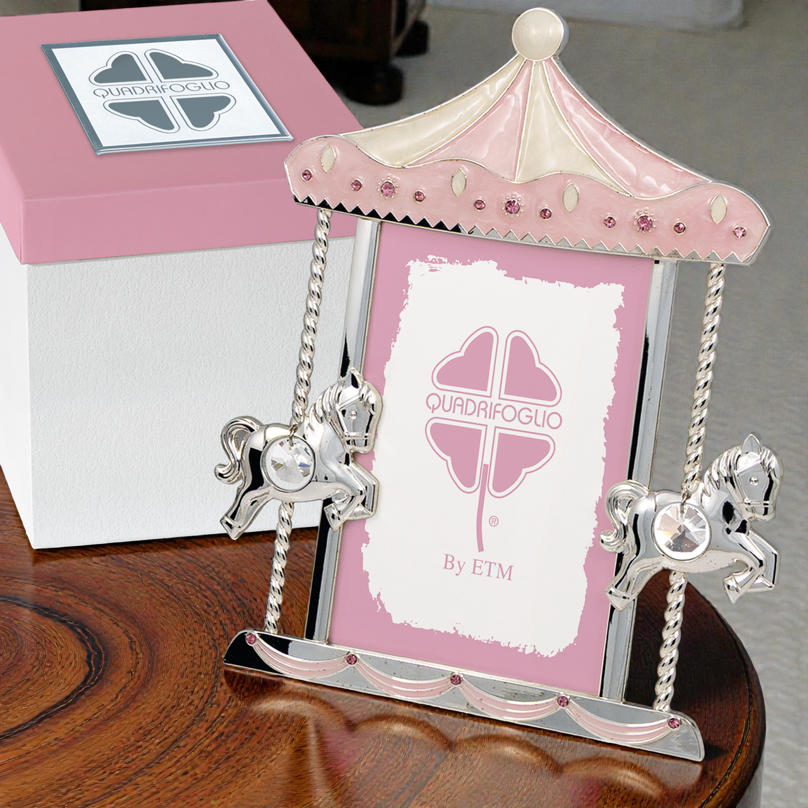 Portafoto con cavallini in argento e inserti rosa - Bomboniere solidali Quadrifoglio - immagine 2
