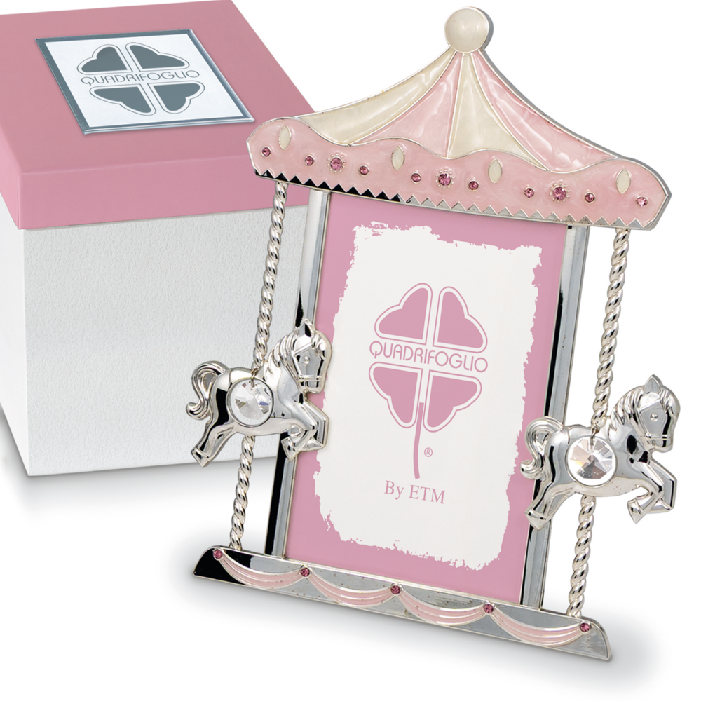 Portafoto con cavallini in argento e inserti rosa - Bomboniere solidali Quadrifoglio