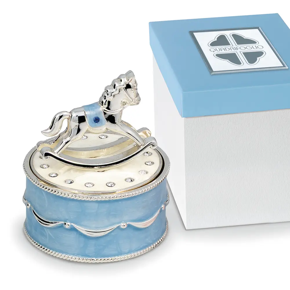 Scatolina musicale con cavallino in argento e inserti celesti - Bomboniere solidali Quadrifoglio