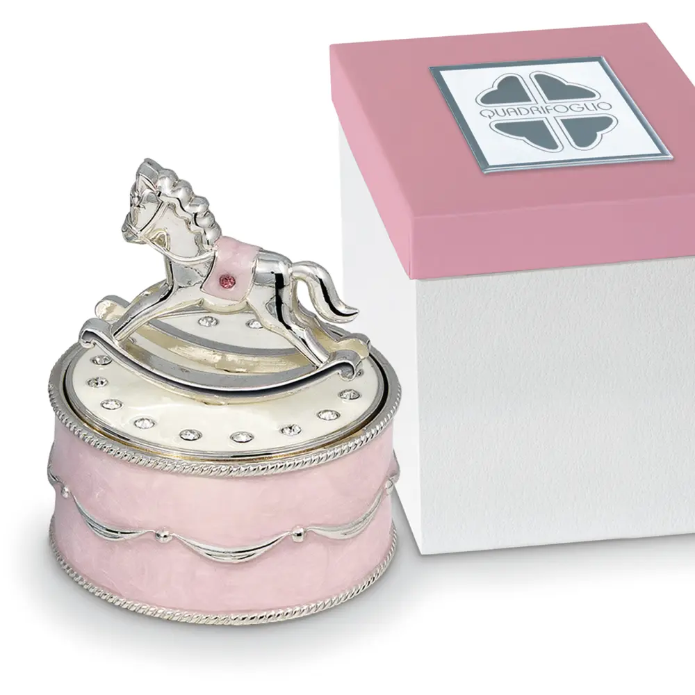 Scatolina musicale con cavallino in argento e inserti rosa - Bomboniere solidali Quadrifoglio