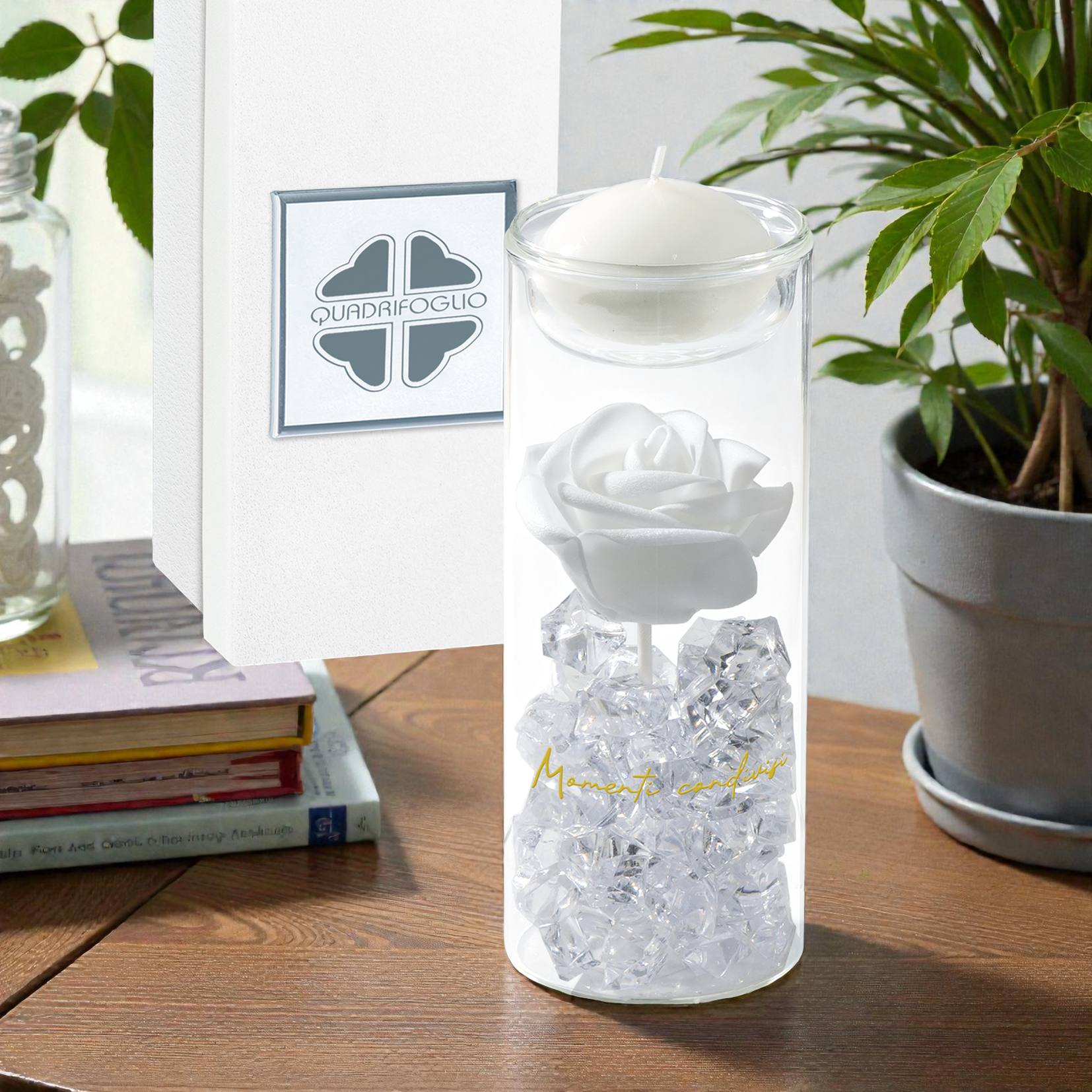 Tubo Rosa Bianca-cm6x16-collezione Platino - Bomboniere solidali Quadrifoglio - immagine 2