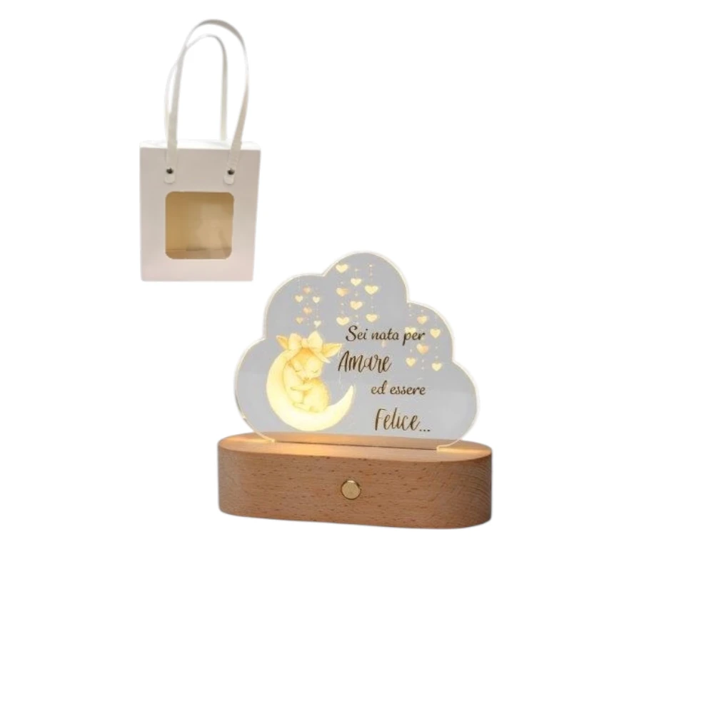 Lampada Led con Plexi Nuvola con Cerbiatto Rosa con shopper Bomboniere AD