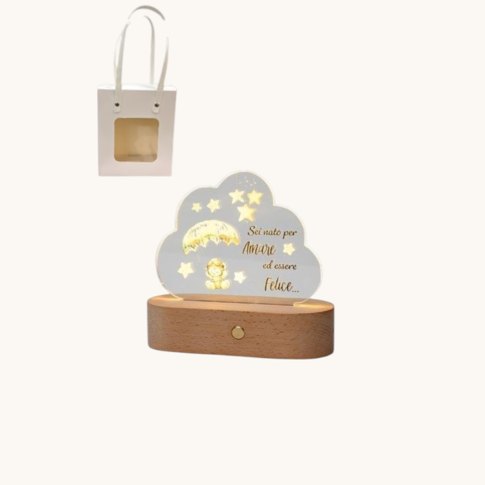 Lampada Led con Plexi Nuvola con Orsetto Celeste con shopper Bomboniere AD