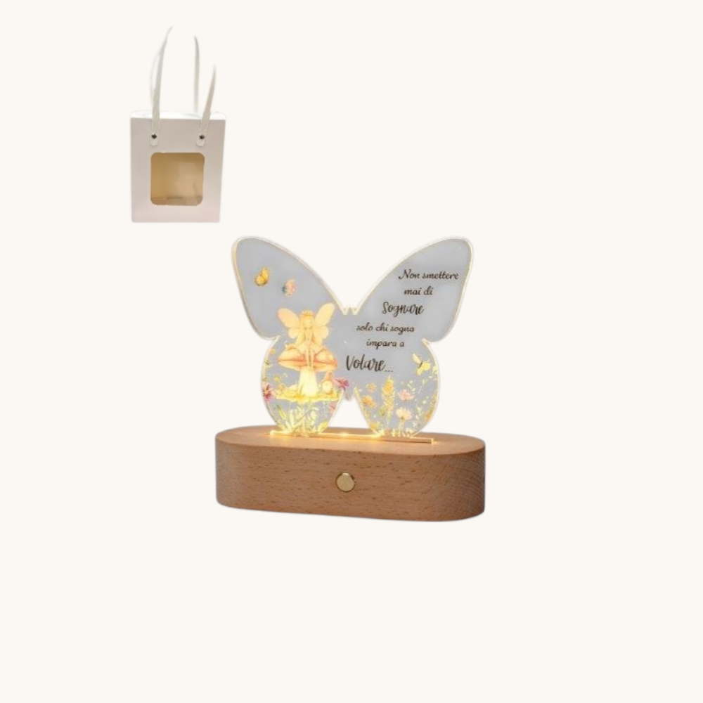 Lampada Led con Plexi Farfalla con Fatina e Funghetto con shopper Bomboniere AD