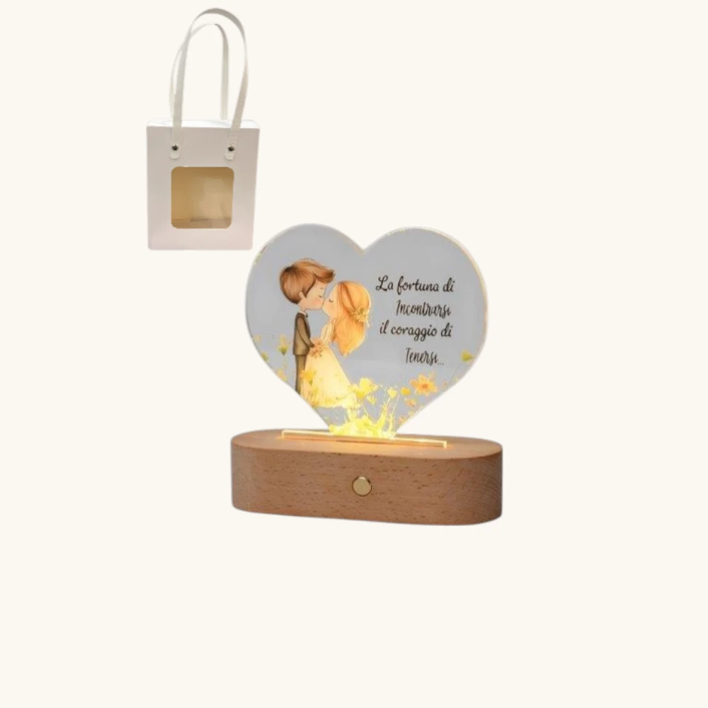 Lampada Led con Plexi Cuori con Sposini con shopper Bomboniere AD