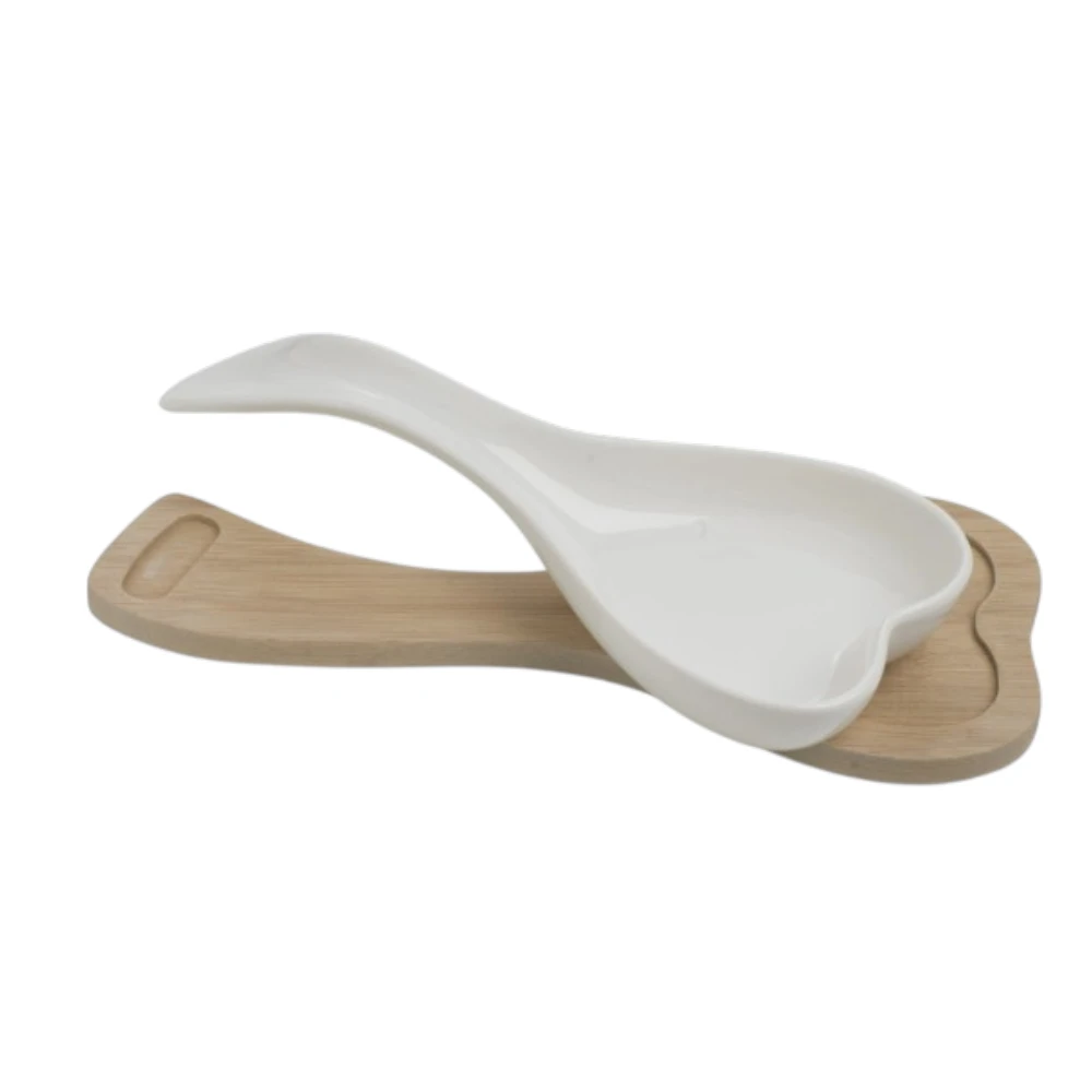 Poggiamestolo Cuore Porcellana C/Suppor Bamboo Natur