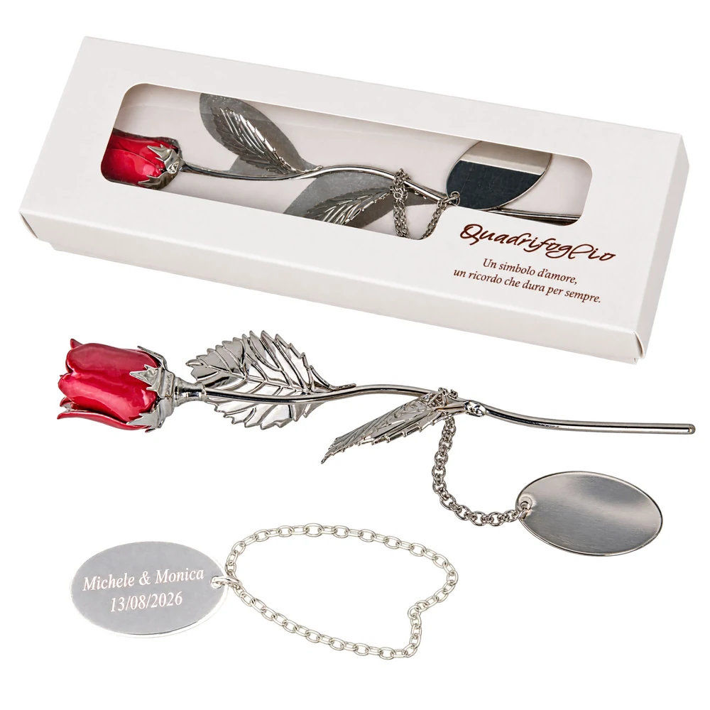 Rosa Grace rossa con targhetta piccola – Bomboniera Quadrifoglio Collezione 2027