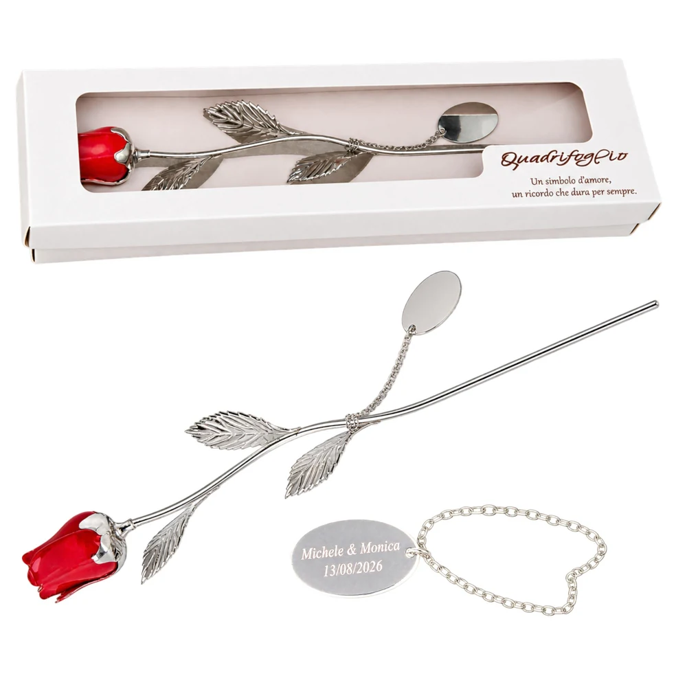 Rosa Grace rossa con targhetta grande – Bomboniera Quadrifoglio Collezione 2027